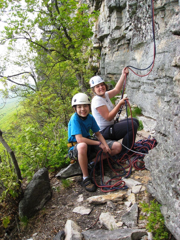 Nate and John in upper Garnet Canyon, after summiting the Grand. Nate is in blue and John is in black.