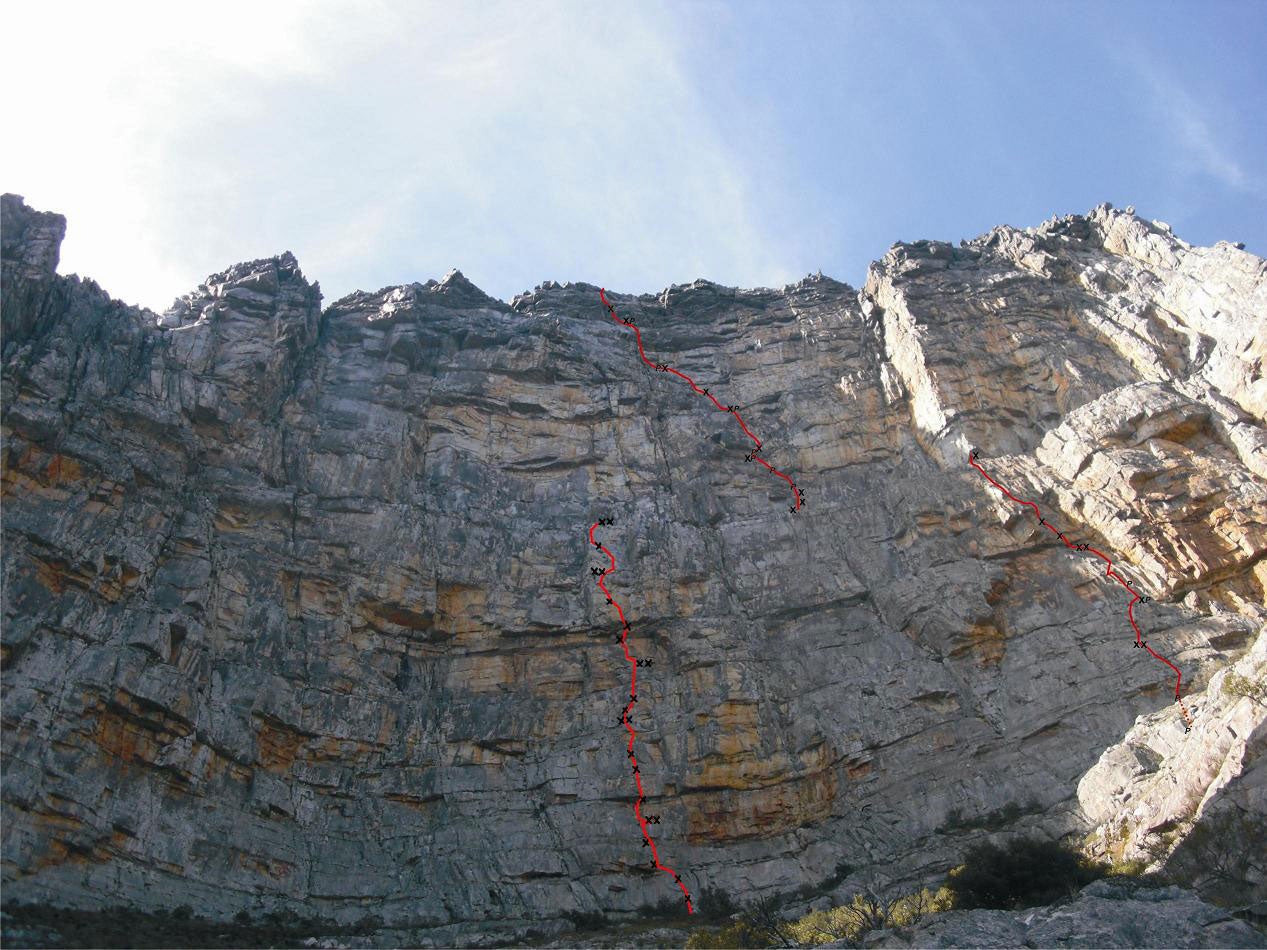 Spot the “Crazy Horse” in this photo: late-afternoon sun bathes the second and third pitches of Headhunters (5.11d), Crazy Horse South Face, Thailand.