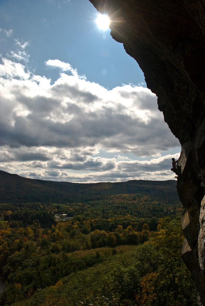 Shannon Davis takes in the cloudy views at the scenic Enola Hill (aka The Swine) crag. Photo: Julie Ellison