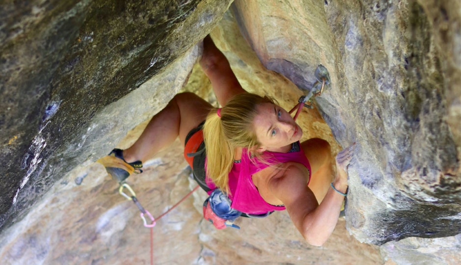 Leavenworth local Jessica Campbell shaking out on the sustained second pitch of Walking Legend (5.10c), Index, Washington, on a perfect, sunny day.