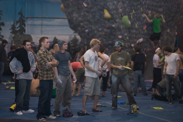 Bill Gooch (front) at Bull Creek, a bouldering area in Austin. Gooch was one of the original bolters at Reimers in the 1980s, when it was still privately owned and operated by the Reimers family.