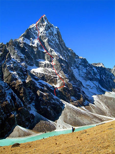 The Hobby-Kear line on the Northeast Fa The Hobby-Kear line on the Northeast Face of Cholatse follows part of the 1984 route, with an independent finish.