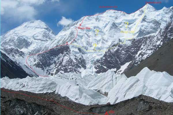 The line of the Magic Way (red) on Gash The line of the Magic Way (red) on Gasherbrum East and the proposed direct line on Gasherbrum II (yellow).