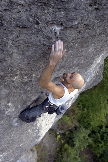 Markus Bock climbing Hattori Hanzo, a 5 Markus Bock climbing Hattori Hanzo, a 5.14c he established this summer in Germany’s Frankenjura.