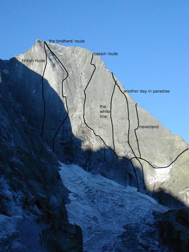 The Northeast Face of Piz Badile in Swi The Northeast Face of Piz Badile in Switzerland. Fabio Valeschini soloed Via del Fratello (“the brothers’ route”).