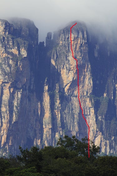 The line of Purgatory (VI 5.12+) on the The line of Purgatory (VI 5.12+) on the North Pillar of Acopan Tepui.