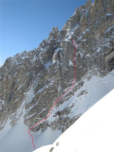The line of Squeeze Box (IV M7 A0) on t The line of Squeeze Box (IV M7 A0) on the Grand Teton’s lower North Face. The route ends where it intersects the Hossack-MacGowan Couloir.