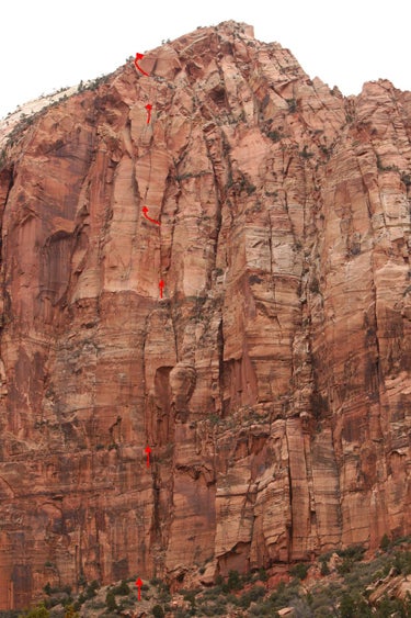 The line of Hello Mary Lou (V 5.13&ndas The line of Hello Mary Lou (V 5.13–, 12 pitches) on the Apex Wall, above the drainage to the south of the Streaked Wall.