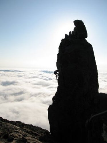 Es Tressider descending the Inaccessibl Es Tressider descending the Inaccessible Pinnacle during his record crossing of the Cuillin Ridge.
