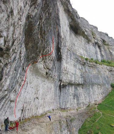 Steve McClure working his new route at Steve McClure working his new route at Malham Cove.