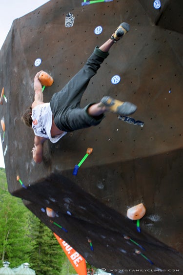 Daniel Woods swings through the second Daniel Woods swings through the second men’s problem in the finals. He stuck the move.