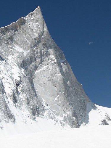 The Northeast Face of 20,840-foot Arwa The Northeast Face of 20,840-foot Arwa Tower in India. The new Swiss route zigzags up prominent grooves left of the central prow, crossing to the…