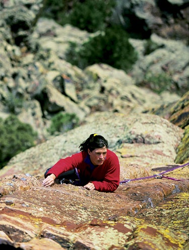 Tracy Martin dime edging in the kletter Tracy Martin dime edging in the kletterschuhe footsteps of robbins and ament, on the Yellow Spur's crux sixth pitch (5.9).