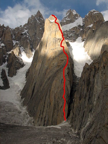 Nafees Cap, with the summit of 22,750-f Nafees Cap, with the summit of 22,750-foot K7 to the right. The team blitzed up and down the all-free, 5.12+ route in a 37-hour push. Photo by…