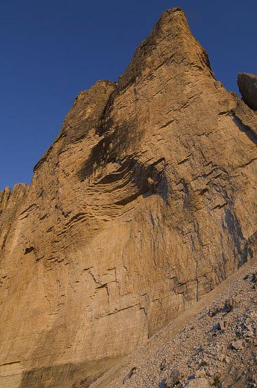 Panaroma starts on the first 12 meters Panaroma starts on the first 12 meters of Bellavista, which Huber free-climbed in 2001, then zigs back right onto new ground. Photo by Michael Meisl…