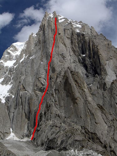 The Badal Wall, with the Belgian-Polish The Badal Wall, with the Belgian-Polish route marked. The team freed all but 15 feet of the 4,000-foot wall, aiding an icy crack that “would…