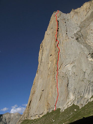 The line of Welcome to Crackistan on 15 The line of Welcome to Crackistan on 15,750-foot Zang Brakk. All but one pitch of the line was free-climbed, with difficulties up to 5.12d.