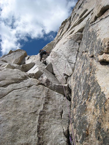 Sarah Hart finds beautiful granite on t Sarah Hart finds beautiful granite on the crux pitch of The Partition.