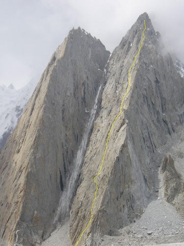 The Partition (TD 5.10b, 900 meters) re The Partition (TD 5.10b, 900 meters) reaches a subsummit below Latok III in the Karakoram Range. The buttress to the left is climbed by the Indian…