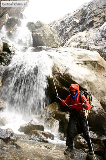 The two climbers approached the route b The two climbers approached the route by sea kayak, and, though slabby at the base, the golden granite rose straight from the sea. Photo by David…