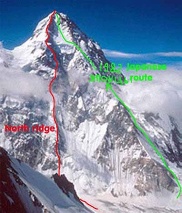 K2's north side: The red line marks the K2's north side: The red line marks the route that Serguey Samoilov and Denis Urubko had hoped to attempt. Although the red line is labeled…
