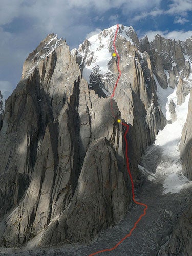 The first ascent of K7 West (22,500 fee The first ascent of K7 West (22,500 feet) required two bivouacs during the ascent and one during the descent. Photo by Marko Prezelj.