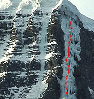 The line of Polarity (800m, VI WI 5+), The line of Polarity (800m, VI WI 5+), climbed on October 13 on the North Face of Mt. Snowdome in the Canadian Rockies. CLICK HERE TO VIEW THE 1200…