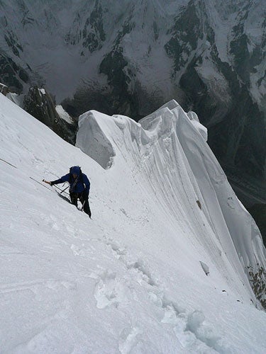 Vince Anderson, Steve House, and Marko Vince Anderson, Steve House, and Marko Prezelj made the first ascent of the Southwest Ridge of Naisa Brakk (right-hand line) during acclimatization…
