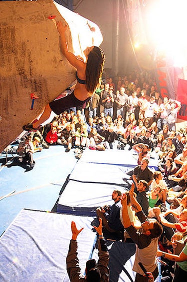 Alex Puccio, winner of the three-comp M Alex Puccio, winner of the three-comp Mammut/EMS Bouldering Championships series, competing in the finals at Metrorock on November 10. Photo courtesy…