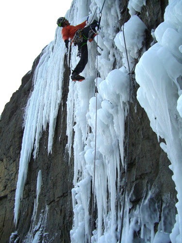 Daniel Du Lac leading the WI 5+ ice-blo Daniel Du Lac leading the WI 5+ ice-blob pitch on Leviathan. The first third of the pitch was climbed by grabbing the blobs with gloved hands and…