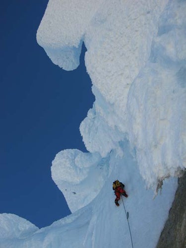 Fabio Salvadei climbs rime ice toward t Fabio Salvadei climbs rime ice toward the summit of Punta Herron. Photo by Ermanno Salvaterra, courtesy of PlanetMountain.com.