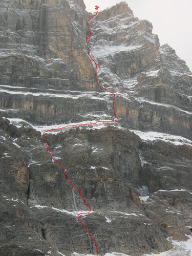 Rob Owens leads the first M6+ pitch on Rob Owens leads the first M6+ pitch on the new Owens-Walsh Route on the north face of Mt. MOG. Photo by Eamonn Walsh, courtesy of Rob Owens.