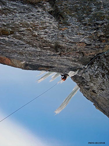 Simon Anthamatten on the crux pitch of Simon Anthamatten on the crux pitch of Cockfight (M9+), his and Ueli Steck’s new route near the Crowfoot Glacier. Photo by Ueli Steck, courtesy…