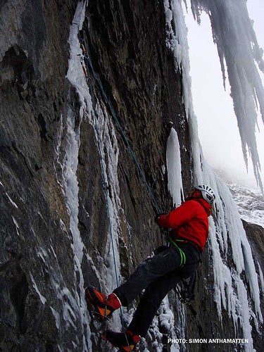 That ice is stronger than it looks! Ste That ice is stronger than it looks! Steck after his fall on the crux pitch of Not Flying is Not Trying (WI6 M8), stopped by a sling around a…