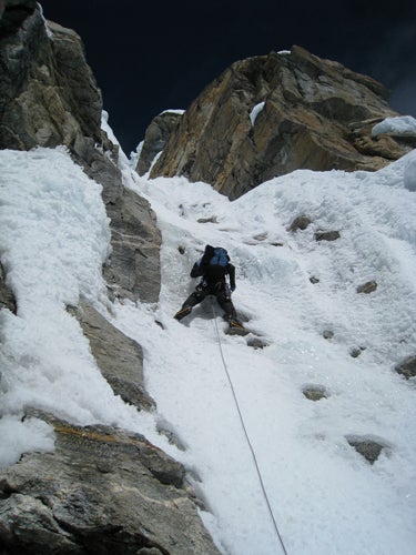 Mitja Šorn leads steep ice on th Mitja Šorn leads steep ice on the south pillar of Drohmo. Photo by Aleš Koželj.
