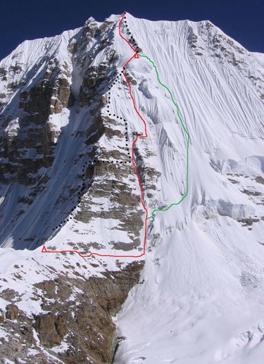 The south pillar of Drohmo (22,490 feet The south pillar of Drohmo (22,490 feet), with the new Slovenian line in red, their descent route in green, and the 1998 British route in black.…