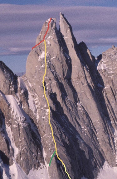 Aguja Bifida with the 1993 route on the Aguja Bifida with the 1993 route on the East Face in yellow, joining the existing route Cheoma (red). The American-Chilean team's 2007 variation at…