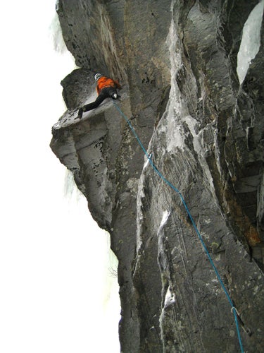 Eric McCallister delicately climbs the Eric McCallister delicately climbs the second crux section of Dial M for Murder Photo by Jim Ewing, courtesy of Eric McCallister.