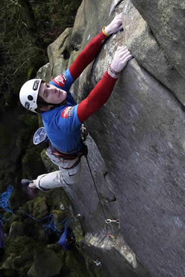James Pearson at the end of the difficu James Pearson at the end of the difficulties during his first ascent of The Groove (E10 7b) at Cratcliffe Tor, Derbyshire, England. Photo by David…