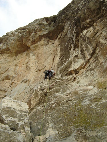 Traditional limestone on the new route Traditional limestone on the new route Kajir Hajar (900m, 5.11c) on Jebel Misht, Oman. Photo courtesy of Dejan Miskovic/Pavle Kozjek.