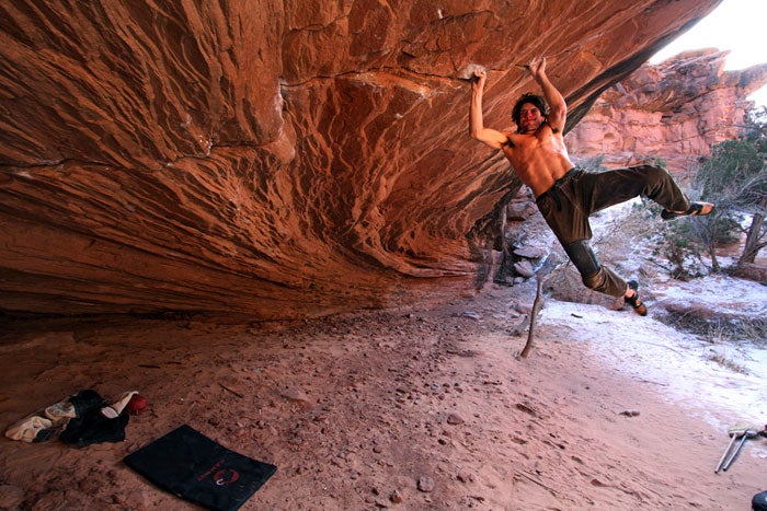 Dean Potter on Zen Garden, near Moab, U Dean Potter on Zen Garden, near Moab, Utah. “If I push hard enough, maybe I can widen this @#%&! crack!” Photo by Dean Fidelman /…