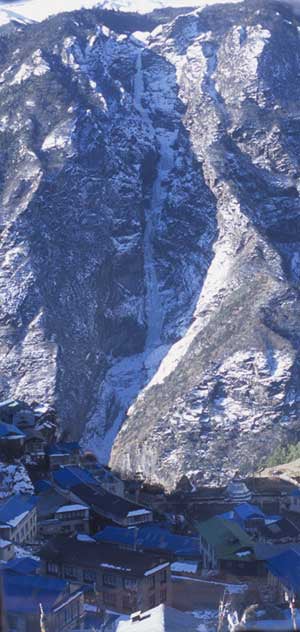 Losar from Namche Bazaar, in the Khumbu Losar from Namche Bazaar, in the Khumbu region of Nepal. The team bivouacked on big ledges 12 pitches up the route, and then finished the final two…