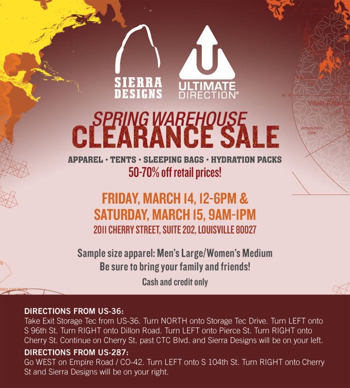Sierra Designs and Ultimate Direction a Sierra Designs and Ultimate Direction are having a Spring Sample Clearance Sale