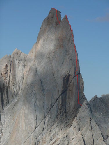 The line of Last Gringos Standing (V 5. The line of Last Gringos Standing (V 5.11- C1) on the southwest ridge of Aguja St. Exupery. Photo by Jesse Huey.