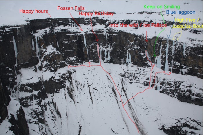 The Lyell Wall. From left: Happy Hours The Lyell Wall. From left: Happy Hours (240m, WI6), Fossen Falls (170m, WI6), Happy Birthday (120m, WI5), Into the Wild (100m, M12 WI5), Keep on…