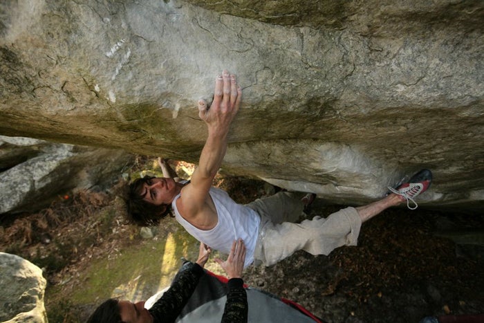 Dave Graham on The Island, his new V15 Dave Graham on The Island, his new V15 problem at Fontainebleau, France. Photo by Stéphan Denys, courtesy of Pointbloc.blogspot.com.