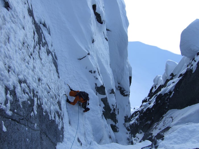 Sam Magro climbing on the first ascent Sam Magro climbing on the first ascent of The Great White Conqueror on the north face of the West Tower in the Mendenhall Towers, Alaska. Photo by…