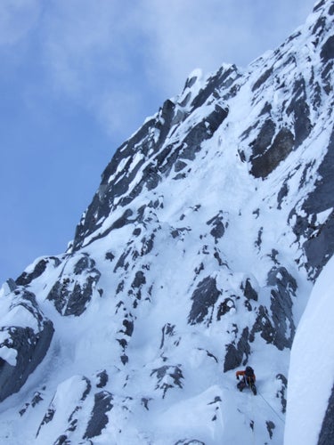 Sam Magro finds a path through steep n& Sam Magro finds a path through steep névé on the lower north face. Photo by Ryan Johnson.