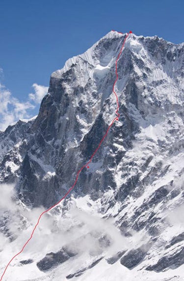 The northwest face of Tengkangpoche in The northwest face of Tengkangpoche in Nepal, showing the new Swiss route. The right side of this face was climbed by a British pair in 2004, but…