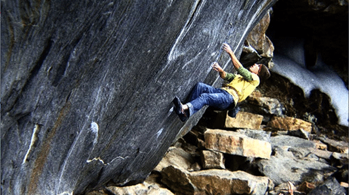 Video still of Kevin Jorgeson about to Video still of Kevin Jorgeson about to soil his trousers while falling from the top of The Fly (V14) at Rumney, New Hampshire. Jorgeson was unharmed…